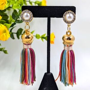 Colorful Tassel Dangle Earrings with Genuine Crystal and Pearl Accents